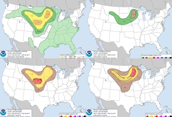 Scattered severe thunderstorms capable of producing severe/damaging gusts, large to very large hail, and a few tornadoes are forecast today across parts of the northern/central Plains into the Upper Mississippi Valley.  #WeatherAwareDay #weather #wx #SPC #TheOutpost #SevereWeather 


Severe Weather in the Central U.S.; Heavy Rain in the Ohio Valley and Mid-Atlantic
Scattered severe thunderstorms capable of producing severe gusts, large hail, and perhaps a couple tornadoes are forecast from the north-central High Plains into the Upper Mississippi Valley. Widespread thunderstorms may produce excessive rainfall across portions of the Ohio Valley and Mid-Atlantic. Hot conditions and Critical Fire Weather looms over the Great Basin and Southwest through midweek.