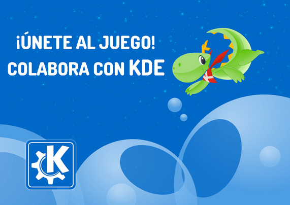 Se lee el texto: Únete al juego ¡Colabora con KDE! y la mascota de KDE que es un simpático dragón verde corriendo sobre un fondo azul con unas esferas azules.