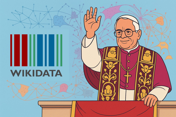Immagine stilizzata di Papa Leone XIV mentre, con la mano destra alzata, probabilmente sta benedicendo le utenze Wikidata che lo osservano da sotto al suo baldacchino. Vicino al papa c'è il logo ufficiale di Wikidata, cioè un codice a barre a bande rosse, verdi e azzurre.