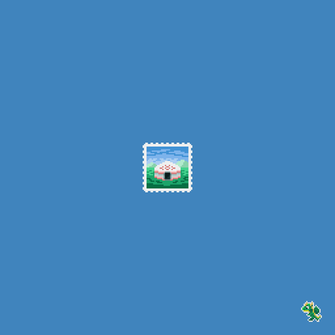 A drawing of a small pixel art yurt on top of grass, with mountains and sky in the distance