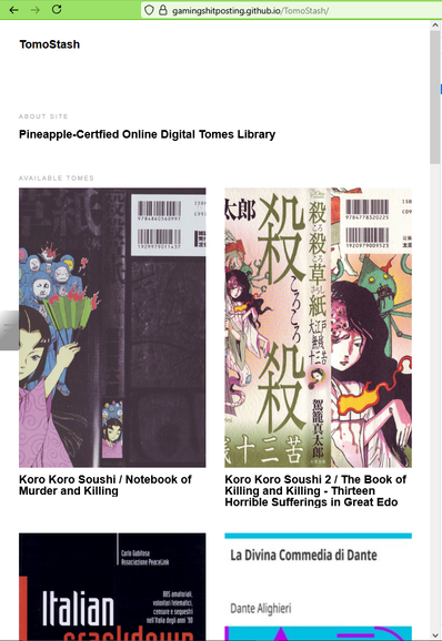 Schermata home del sito, griglia con i vari tomi con le copertine e i titoli