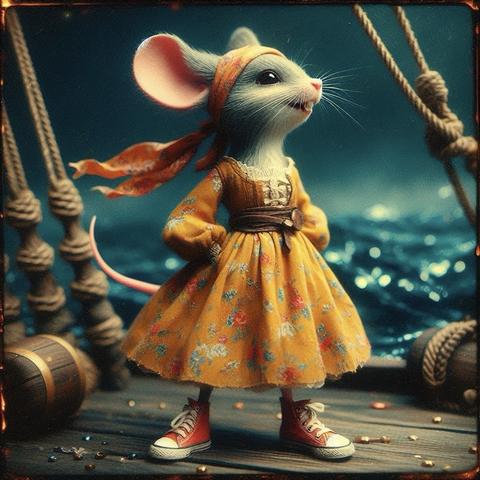 KI-Bild (DALL•E3):

Miss Meeps im gelben Kleid an Deck: das Kleid und ihr Piratinnenkopftuch flattern im Wind, das Meer glitzert und eine kleine Maus liebt alles daran!