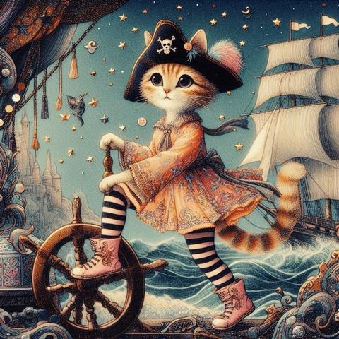 KI-Bild (DALL•E3):

Das Katz hat heute alle Pfoten voll zu tun: sie steuert das Schiff durch kabbelige Wellen bei wechselhaftem Wetter. Aber das ist ja das Schöne am Segeln, es wird nie langweilig. Katz ist heute übrigens hübsch in apricotfarbenem Kleid zu rosé-schwarz geringelten Leggings und roséfarbenen Stiefelchen. Die Chefin liebts wie immer modisch.