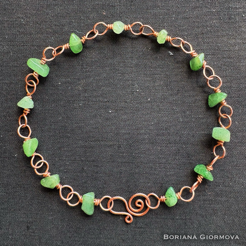 Handmade copper anklet with jade chips