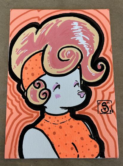 same painting, completed. deep orange lines have been added in the background, radiating around the subject.