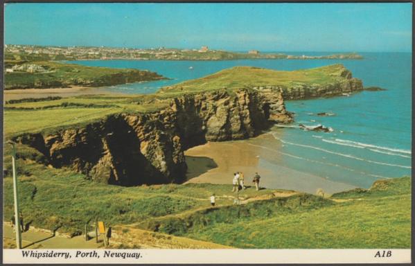 Printed colour postcard showing a view of Whipsiderry at Porth in Newquay, Cornwall.

Published by Harvey Barton, No A1B, c.1970s.

Postally unused.

Very good condition, with very slight corner bumps.