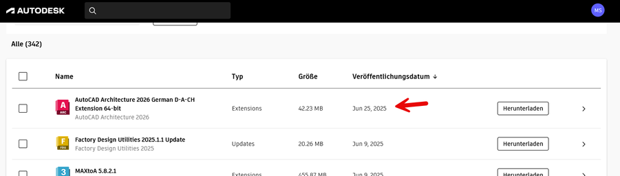 Screenshot aus dem Autodesk-Portal, Liste der Updates. Das neueste Update trägt das Veröffentlichungsdatum "Jun 25, 2025". Heute ist der 16. Juni 2025.