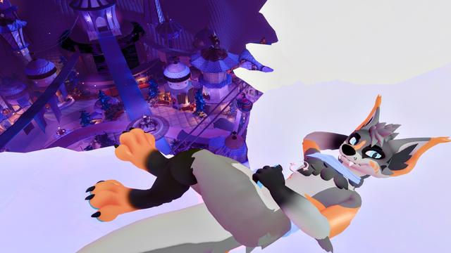 me awake(!) on top of the giant creature atop the tower in Furality Somna. the town is far below in the background.