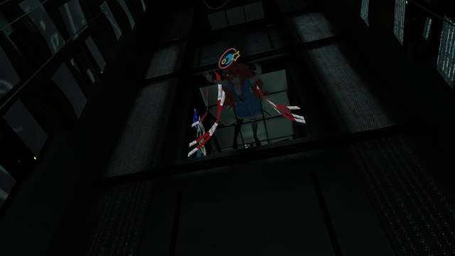 A low-angle shot shows an avatar diving through security tape and into a shaft.
