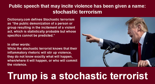 Meme with image of Trump shouting and pointing which includes the following text:

Public speech that may incite violence has been given a name: stochastic terrorism

Dictionary.com defines Stochastic terrorism as “the public demonization of a person or group resulting in the incitement of a violent act, which is statistically probable but whose specifics cannot be predicted.” 

In other words:

While the stochastic terrorist knows that their inflammatory rhetoric will stir up violence, they do not know exactly what will happen, when/where it will happen, or who will commit the violence.

Trump is a stochastic terrorist