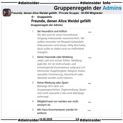Hier zeigen wir die Gruppenregeln der privaten 30.950 Mitglieder großen Gruppe "Freunde, denen Alice Weidel gefällt"
