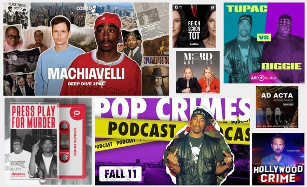 Gezeigt werden Podcasts, die sich mit Tupac beschäftigt haben: Machiavelli, Reich - schön - tot, Mord auf Ex, "Fuck you very, very much!" mit Markus Kavka und Jennifer Weist, "Press play for murder" von @baumunder.bsky.social‬ und "Pop Crimes" von 90s90s, Ad Acta und schließlich "Hollywood Crime" von Steven Gätjen