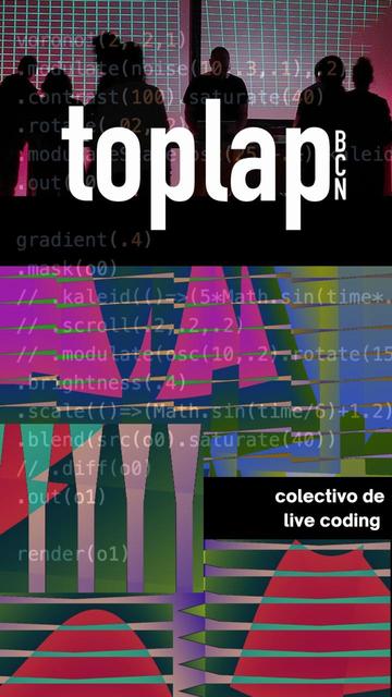 poster with hydra code and visuals and the toplap barcelona logo