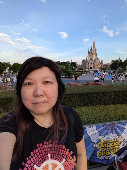 Selfie in Tokyo Disneyland with Cinderella's castle in the background