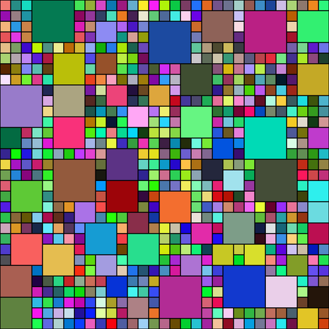 A computer generated picture of multicoloured squares of various sizes packed into a 31 by 31 grid