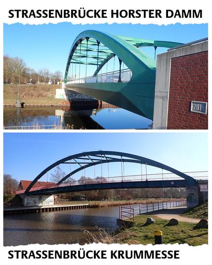Kollage mit zwei Bildern: oben: Straßenbrücke Horster Damm bei Lauenburg. unten: Straßenbrücke Krummesse.