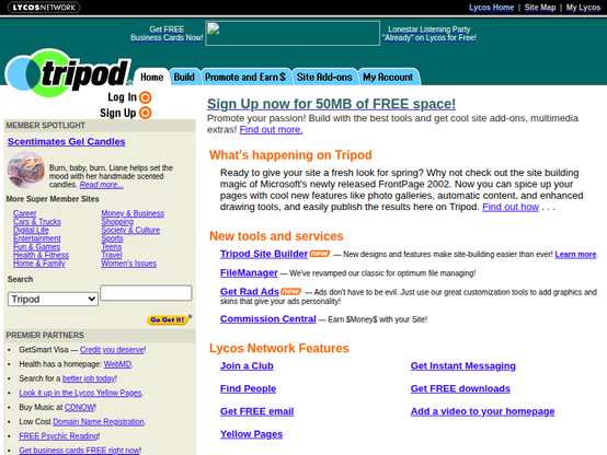 Screenshot of tripod.com on July 10, 2001