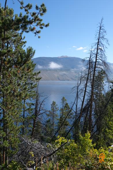 Looking through foreground conifers across blue lake waters to a mountain peak with a clear blue sky mountain and sky spotted with small clouds.