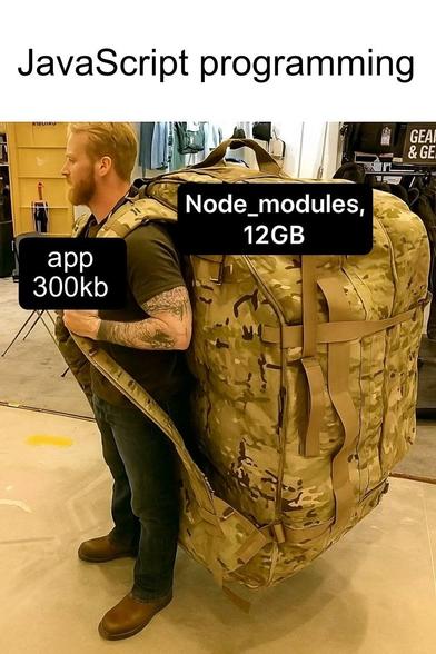 JavaScript programming: a guy labelled as 300kb app with a giant backpack labelled 12gb node_modules