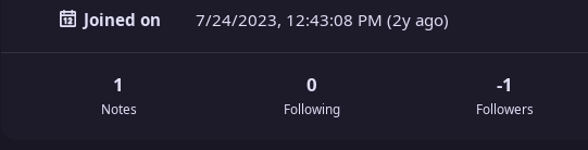 profile has 1 notes (posts), is following 0 people, and has -1 followers