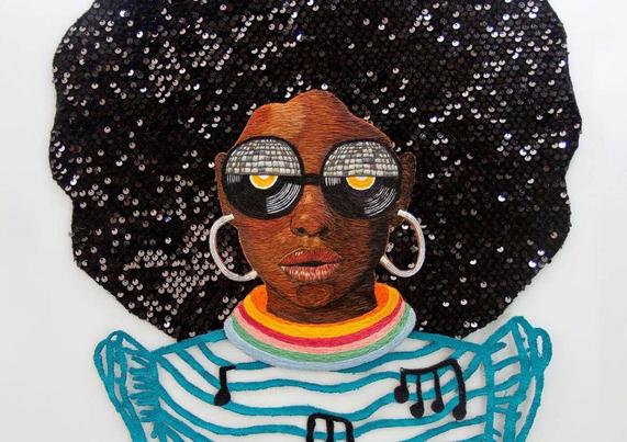 A vibrant, textured artwork features a woman with black sequined hair, wearing sunglasses with a disco ball and vinyl record design, and a colorful shirt with musical notes.