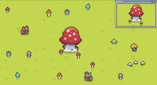 A pixel art scene of mushrooms growing on a bright green grass background. There is a big red mushroom tree in the middle, with small red mushrooms growing from its trunk.