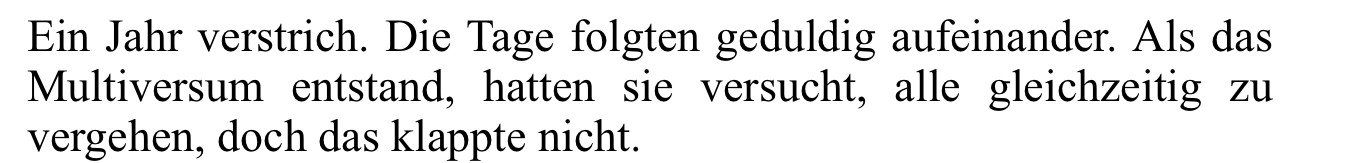 Ein Jahr verstrich. Die Tage folgten geduldig aufeinander. Als das Multiversum entstand, hatten sie versucht, alle gleichzeitig zu vergehen, doch das klappte nicht.