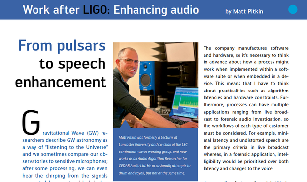 Screenshot of LIGO Magazine article: "Work After LIGO: From Pulsars to Speech Enhancement" by Matt Pitkin. The image shows the article page with columns of text alongside a photo. The photo shows the author Matt Pitkin smiling whilst sat at a desk. On the desk there is a computer, speakers and audio equipment.