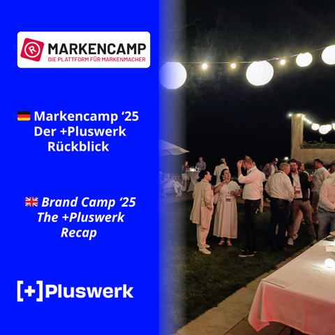 People networking at night under string lights during the White Night event at Brand Camp 2025 in Dresden, overlaid with a graphic promoting the +Pluswerk recap in German and English.