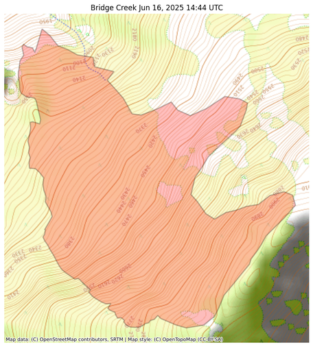 Visual map representation of the Bridge Creek wildfire, showing the perimeters of the 291.06556121225464 acre fire on a map.