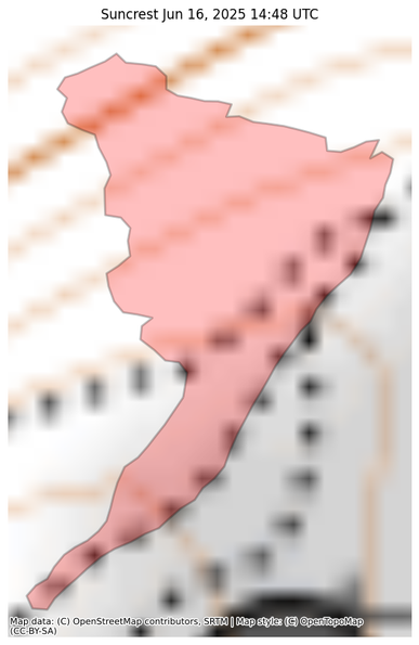 Visual map representation of the Suncrest wildfire, showing the perimeters of the 1.0892267398744448 acre fire on a map.