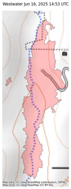 Visual map representation of the Westwater wildfire, showing the perimeters of the 16.80048973263456 acre fire on a map.
