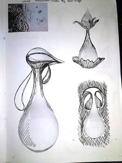 Page of my sketchbook on water drop pitchers. Several shapes inspired by water drops. It's a mix of collage of printed water drops on which I sketched on top to create my forms.