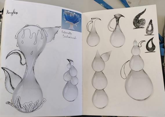 Page of my sketchbook on water drop pitchers. Several shapes inspired by water drops. It's a mix of collage of printed water drops on which I sketched on top to create my forms.