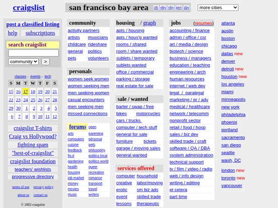 Screenshot of craigslist.org on June 18, 2003