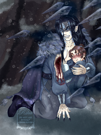 Mobei Jun and Shang Qinghua in a fight. Mobei protects his human and is about to fire back an attack. Shang Qinghua is.... occupied...