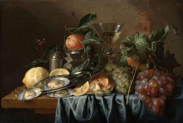 A sumptuous still life displays a rich array of fruit, oysters, and a partially filled wine glass on a draped table. Lush grapes, a yellow lemon, and a shiny metal tankard add to the opulence, while a butterfly flutters nearby, suggesting a sense of movement.