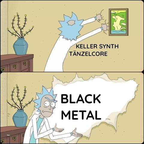 Meme showing two pictures. Picture one: Rick, an old man with grey hair and a white dressing gown, who is about to rip off the wallpaper (on which is written "Keller Synth" and "Tänzelcore"). Picture two: the wallpaper is now ripped off of the wall and Rick is pointing to the text which is now visible on the bare wall, reading: "Black Metal"