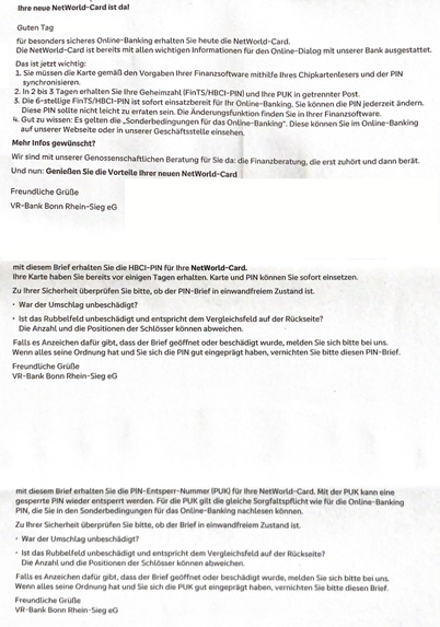 Scan von 3 Anschreiben der VR-Bank Rhein-Sieg eG. 
1. HBCI-Karte, 2 PIN, 3. PUK
Die Namen sind jeweils entfernt.