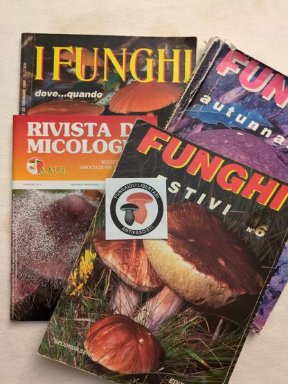 La foto mostra una serie di riviste dedicate alla micologia, con copertine che mostrano diverse specie di funghi. Al centro c'è un logo antifascista circolare con scritto: FUNGAIOLI LIBERTARI ANTIFASCISTI