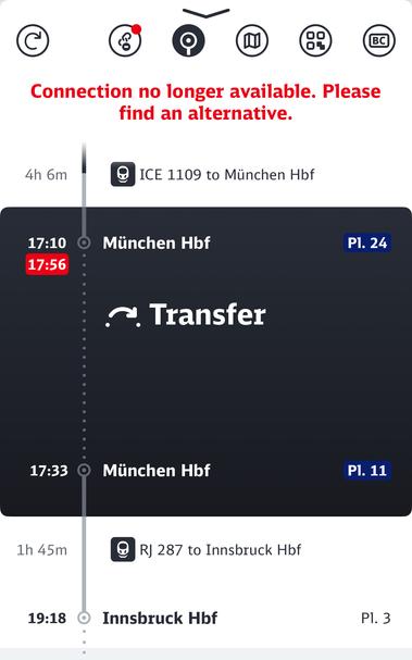 Screenshot of Deutsche Bahn app saying the connection is bo longer available and I should find an alternative 😑