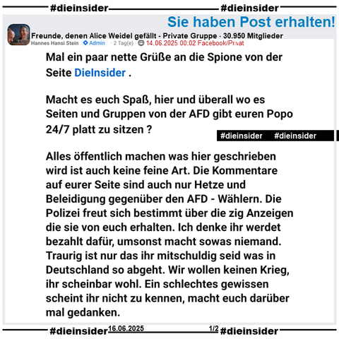 Hannes Hansi Stein, Admin der privaten Gruppe "Freunde, denen Alice Weidel gefällt" postet am 14.06.2025 

"Mal ein paar nette Grüße an die Spione von der Seite DieInsider.
Macht es euch Spaß, hier und überall wo es Seiten und Gruppen von der AFD gibt euren Popo 24/7 platt zu sitzen ?
Alles öffentlich machen was hier geschrieben wird ist auch keine feine Art. Die Kommentare auf eurer Seite sind auch nur Hetze und Beleidigung gegenüber den AFD - Wählern. Die Polizei freut sich bestimmt über die zig Anzeigen die sie von euch erhalten. Ich denke ihr werdet bezahlt dafür, umsonst macht sowas niemand. Traurig ist nur das ihr mitschuldig seid was in Deutschland so abgeht. Wir wollen keinen Krieg, ihr scheinbar wohl. Ein schlechtes gewissen scheint ihr nicht zu kennen, macht euch darüber mal gedanken."