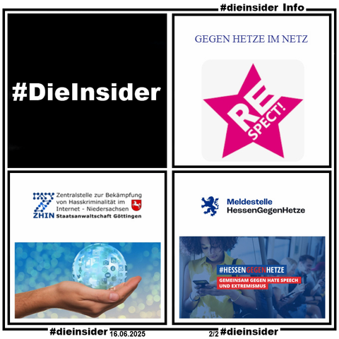 Hier zeigen wir neben unserem Logo noch die Logos von ZHIN (www.hassanzeigen.de), Hessen gegen Hetze (https://hessengegenhetze.de) und #respect! (https://meldestelle-respect.de).
Dort können u.a. möglicherweise strafrechtlich relevante Kommentare gemeldet werden.