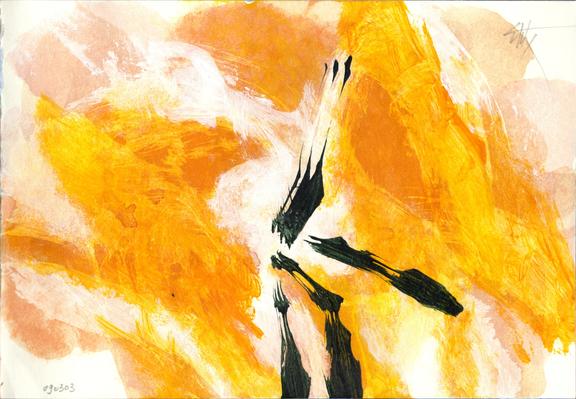 Abstract painting in landscape format; on a beige background, a black sign with 4 branches (two down, one up, one right) surrounded by large yellow/orange masses
