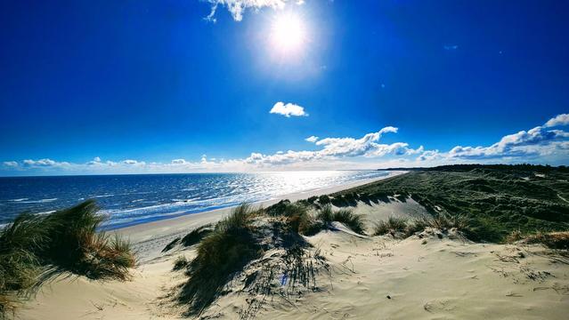 A wide-angle, sun-drenched shot of a sandy beach and dunes under a brilliant blue sky. The sun, high in the sky, casts a bright reflection on the sparkling ocean surface, which stretches to the horizon on the left. On the right, rolling sand dunes covered in marram grass lead into the distance. The foreground features detailed sand patterns and more clumps of grass. The overall mood is bright, peaceful, and expansive.