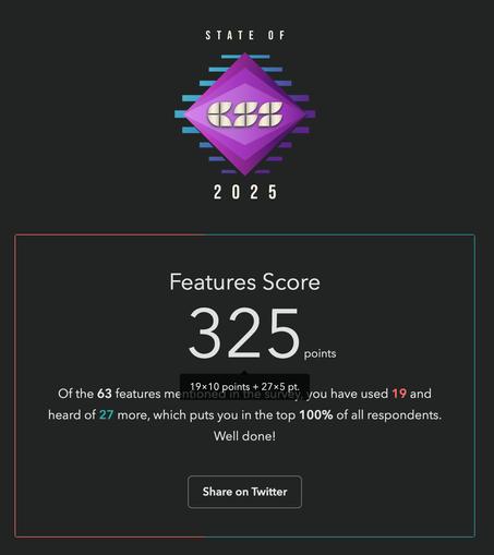 State of CSS 2025
Features Score: 325 points
Of the 63 features mentioned in the survey, you have used 19 and heard of 27 more, which puts you in the top 100% of all respondents. Well done!