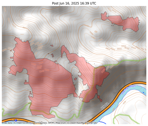 Visual map representation of the Post wildfire, showing the perimeters of the 139.27219396710086 acre fire on a map.