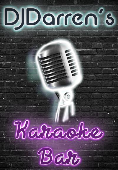 A graphic of a brick wall with a neon sign that reads “DJDarren’s Karaoke Bar” and a picture of a vintage microphone.