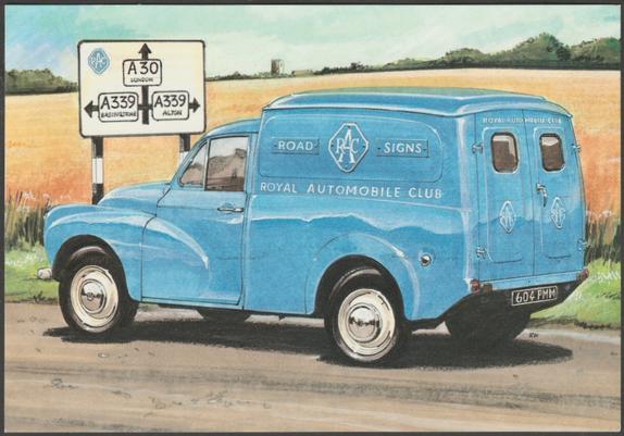 Printed colour postcard showing a view of the Morris Minor in the livery of the R.A.C. or Royal Automobile Club (Road Signs).

Published by Golden Era, No GP 007.

Postally unused.

Excellent condition, with minimal corner bumps.