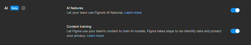 A screenshot of settings window in Figma, showing AI training set to ON by default.